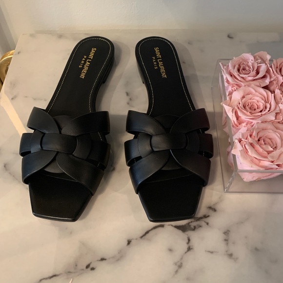 saint laurent woven leather slides